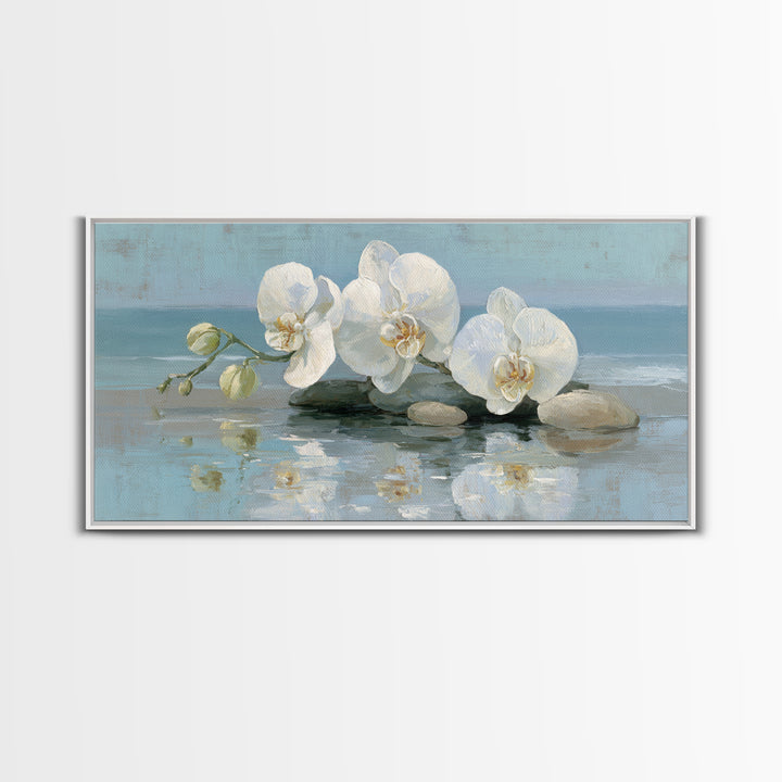 White Orchid on Warm Stone Background Canvas Print, Bathroom Art, Poster, Bathroom Decor, Fine Art, Spa, Digital Print, BAT-2x1-48