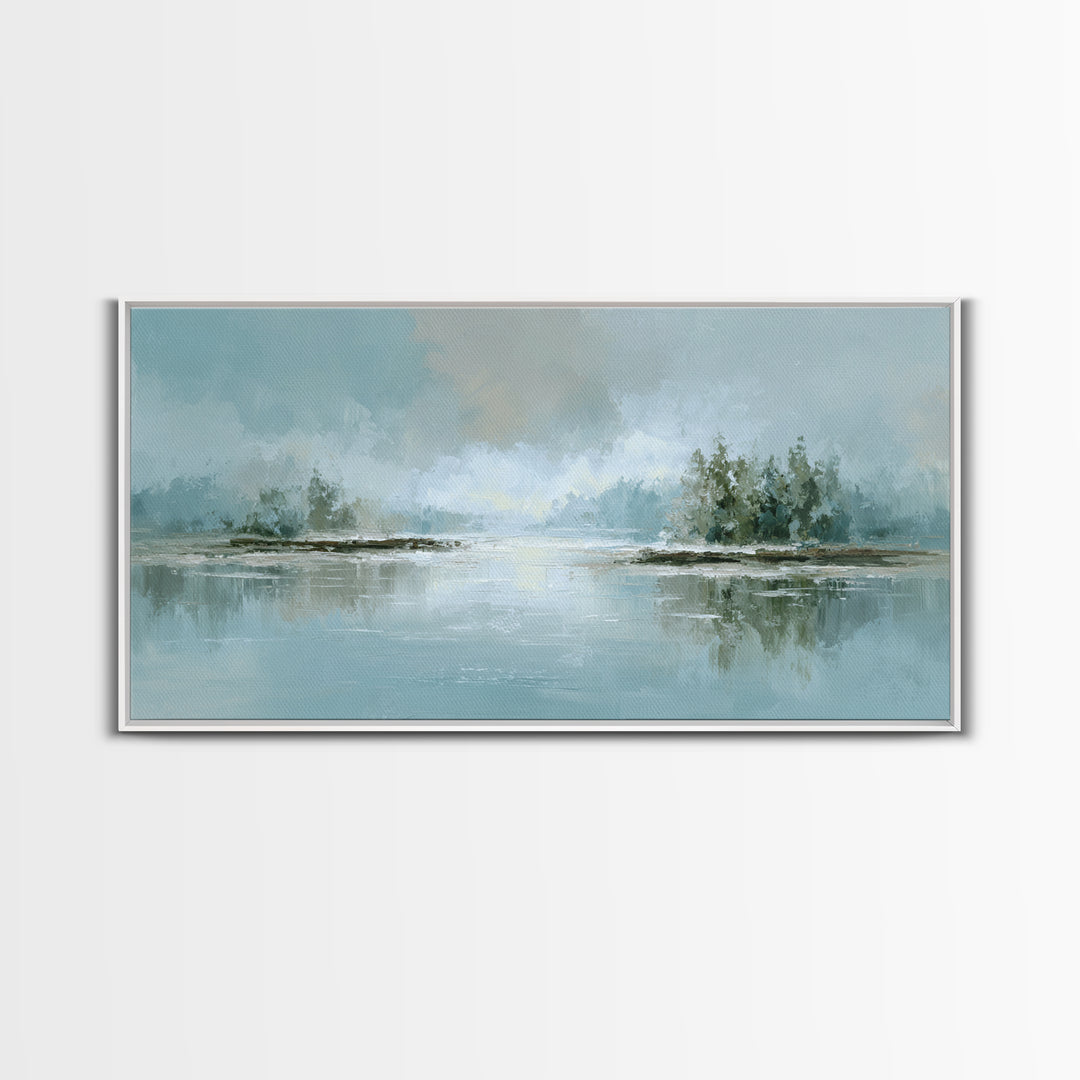 Misty Lake Scene Framed Canvas Print, Bathroom Art, Room Decor, Bathroom Decor, Spa, Custom Pet Portrait, Bathroom Wall Art, BAT-2x1-5