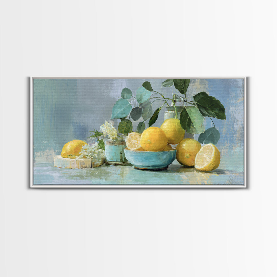 Lemon and Botanical Still Life Framed Canvas Print, Bathroom Art, Luxury Decor, Bathroom Decor, Oil Painting, Spa, BAT-2x1-50