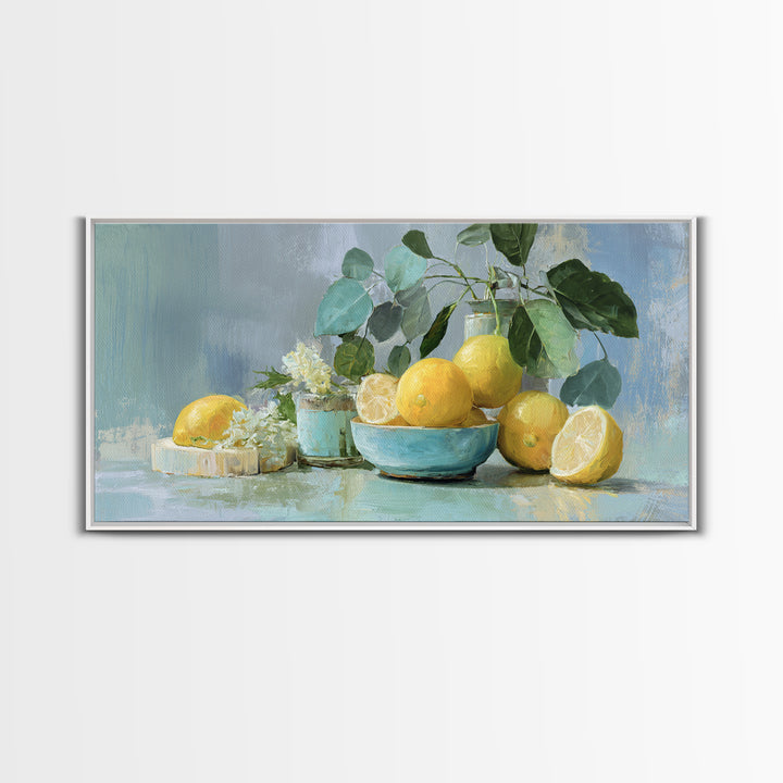 Lemon and Botanical Still Life Framed Canvas Print, Bathroom Art, Luxury Decor, Bathroom Decor, Oil Painting, Spa, BAT-2x1-50