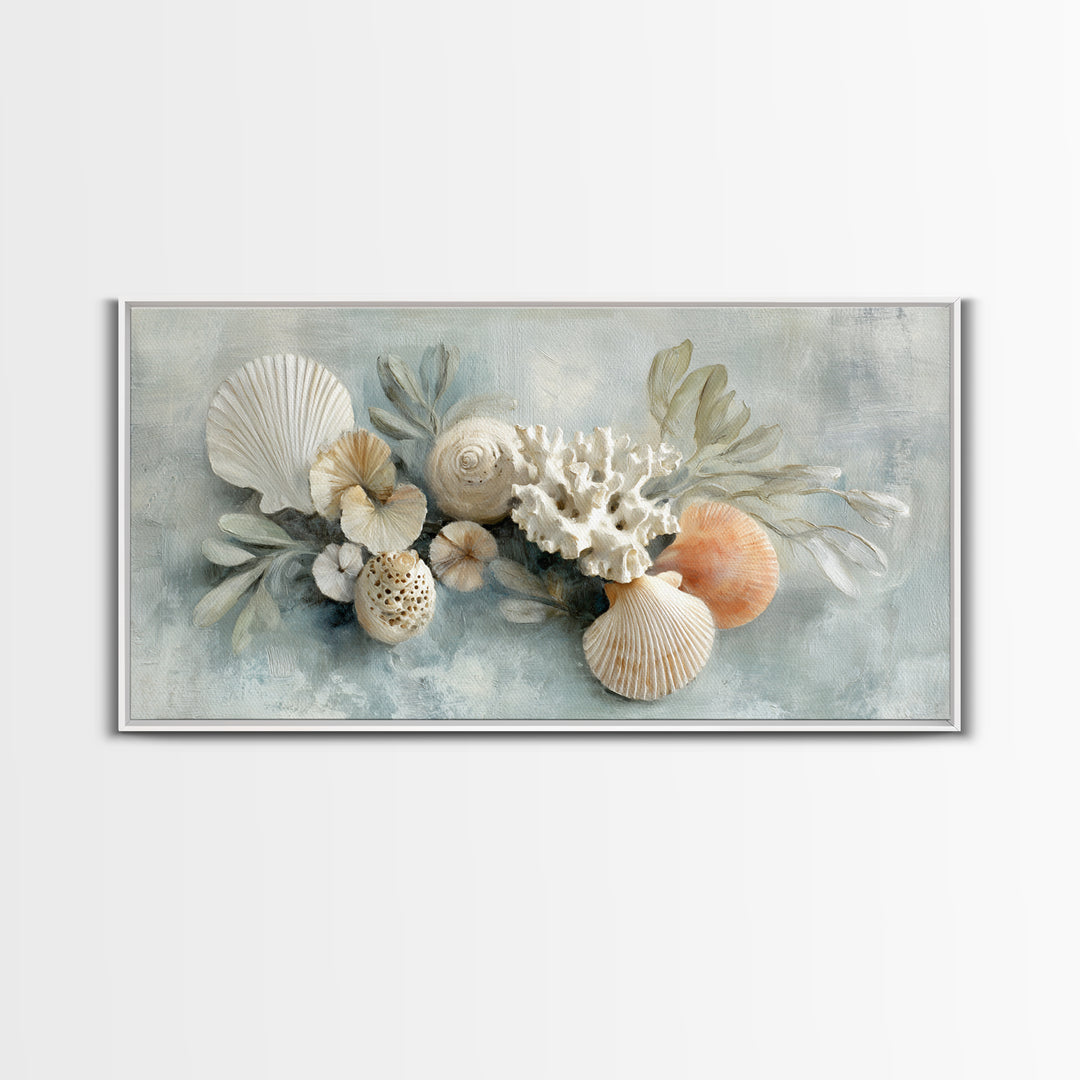 Coral and Shell Arrangement Framed Canvas Print, Bathroom Art, Wall Hanging, Bathroom Decor, Fine Art, Spa, Modern Art, BAT-2x1-55