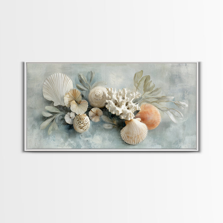 Coral and Shell Arrangement Framed Canvas Print, Bathroom Art, Wall Hanging, Bathroom Decor, Fine Art, Spa, Modern Art, BAT-2x1-55