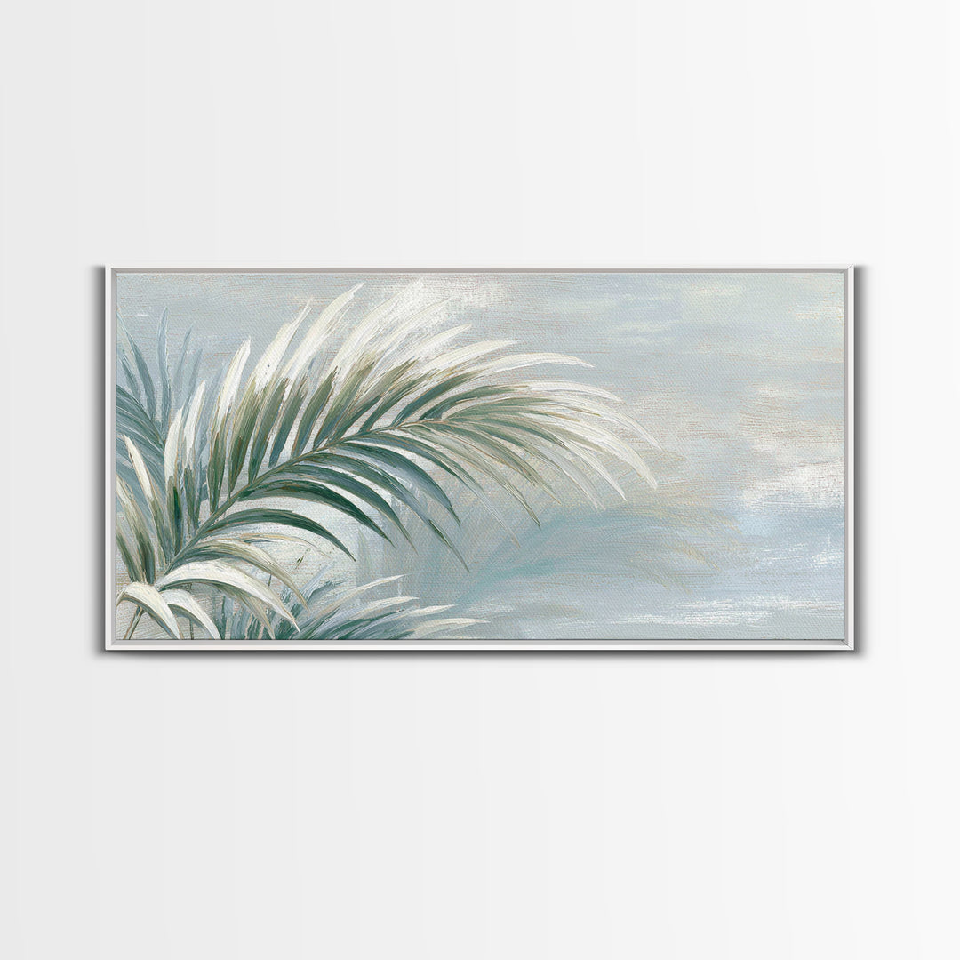 Simple Palm Frond on Off White Linen Framed Canvas Print, Bathroom Art, Minimalist Wall Art, Bathroom Decor, Fine Art, Spa, BAT-2x1-67