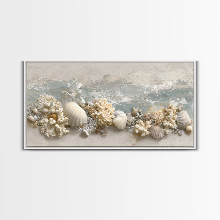 Coral and Shell Arrangement Framed Canvas Print, Bathroom Art, Contemporary Art, Bathroom Decor, Fine Art, Spa, Framed Wall Art, BAT-2x1-7