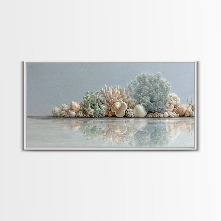 Coral and Shell Arrangement Framed Canvas Print, Bathroom Art, Bathroom Accessories, Bathroom Decor, Spa, Fine Art Print, BAT-2x1-79
