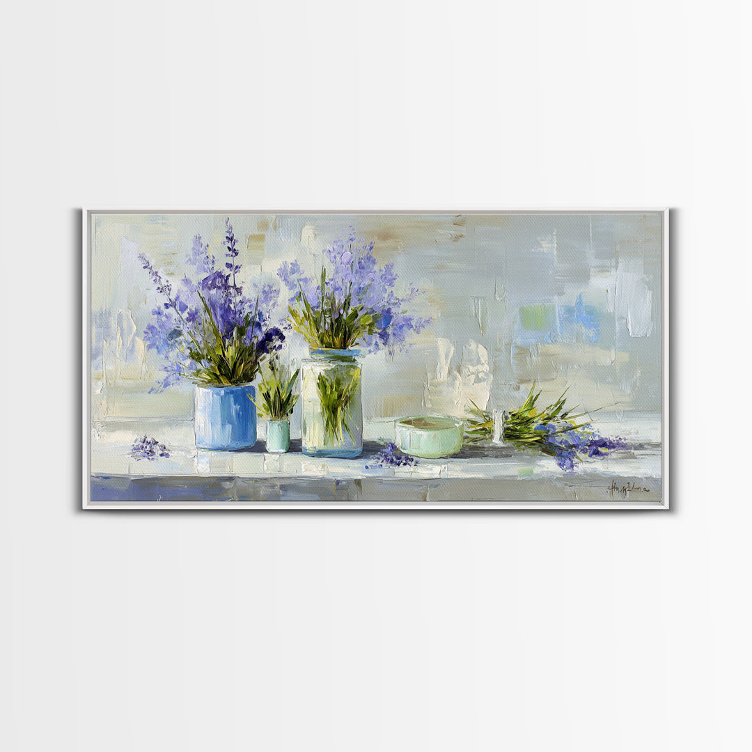 Lavender Sprigs in a Ceramic Vase Framed Canvas Print, Bathroom Art, Dopamine Decor, Bathroom Decor, Spa, Halloween Art, BAT-2x1-80