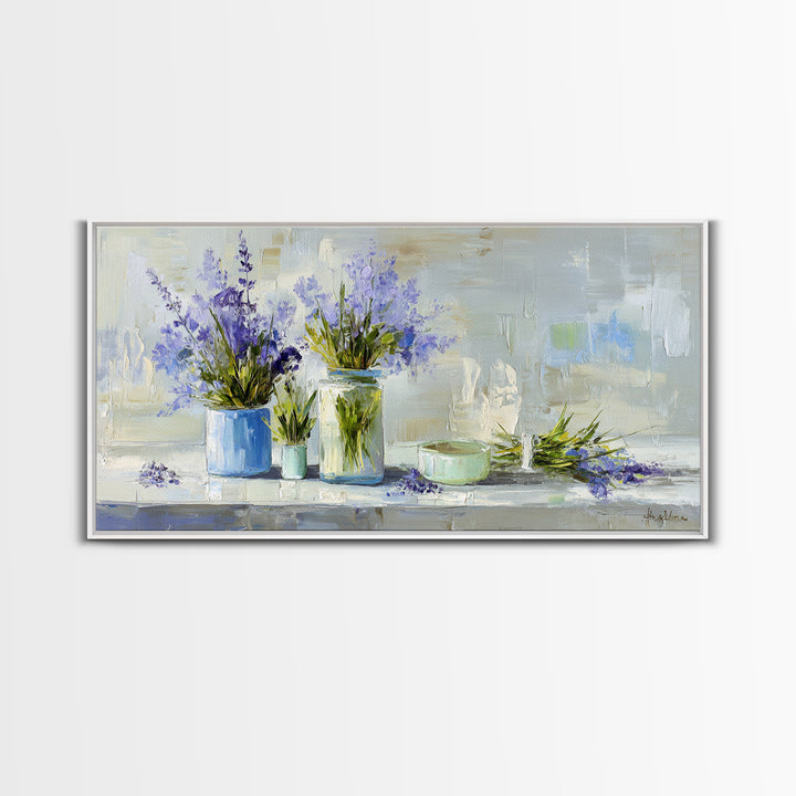 Lavender Sprigs in a Ceramic Vase Framed Canvas Print, Bathroom Art, Dopamine Decor, Bathroom Decor, Spa, Halloween Art, BAT-2x1-80