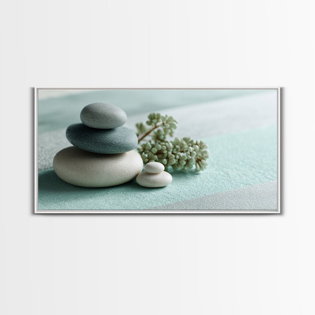 Monochrome Pebble Stack Framed Canvas Print, Bathroom Art, Poster, Bathroom Decor, Watercolor Art, Spa, Digital Print, BAT-2x1-81