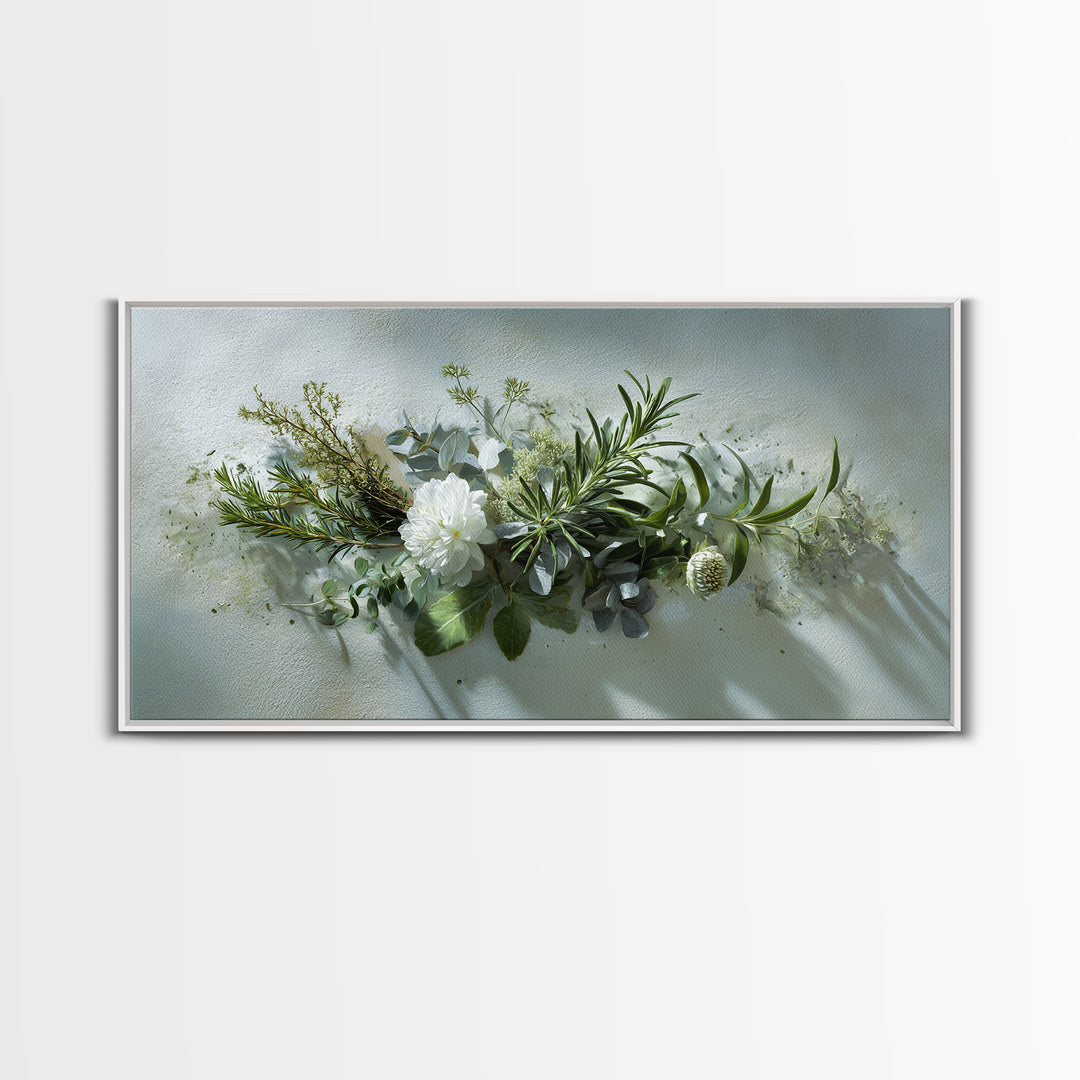Botanical Bath Herb Arrangement Framed Canvas Print, Bathroom Art, Digital Art, Bathroom Decor, Fine Art, Spa, Dopamine Decor, BAT-2x1-85