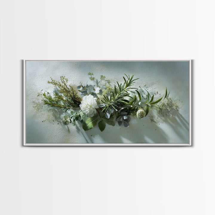 Botanical Bath Herb Arrangement Framed Canvas Print, Bathroom Art, Digital Art, Bathroom Decor, Fine Art, Spa, Dopamine Decor, BAT-2x1-85