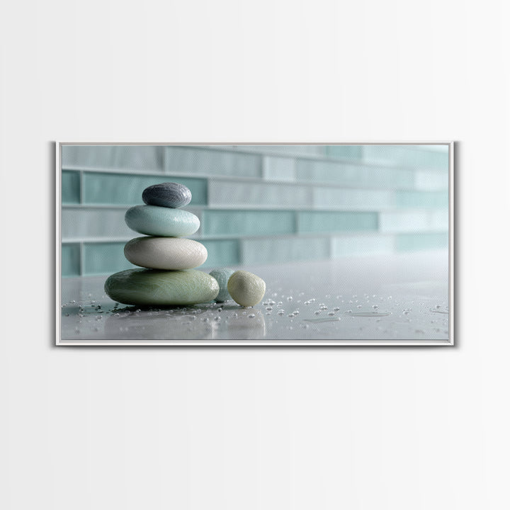 Monochrome Pebble Stack Framed Canvas Print, Bathroom Art, Statement Artwork, Bathroom Decor, Fine Art, Spa, Digital Art, BAT-2x1-9