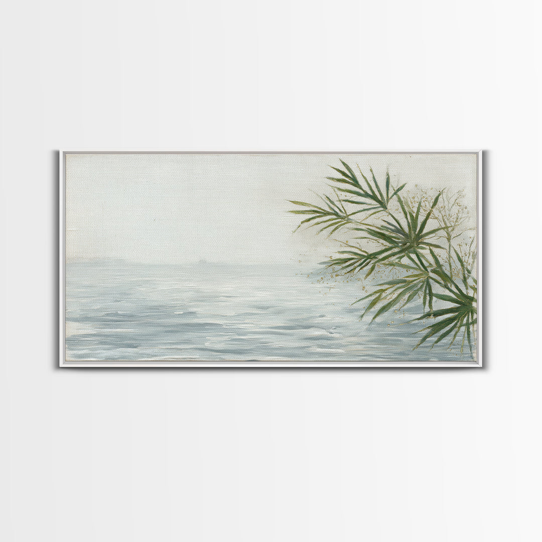 Simple Palm Frond on Off White Linen Framed Canvas Print, Bathroom Art, Digital Art, Bathroom Decor, Abstract Art, Spa, BAT-2x1-91