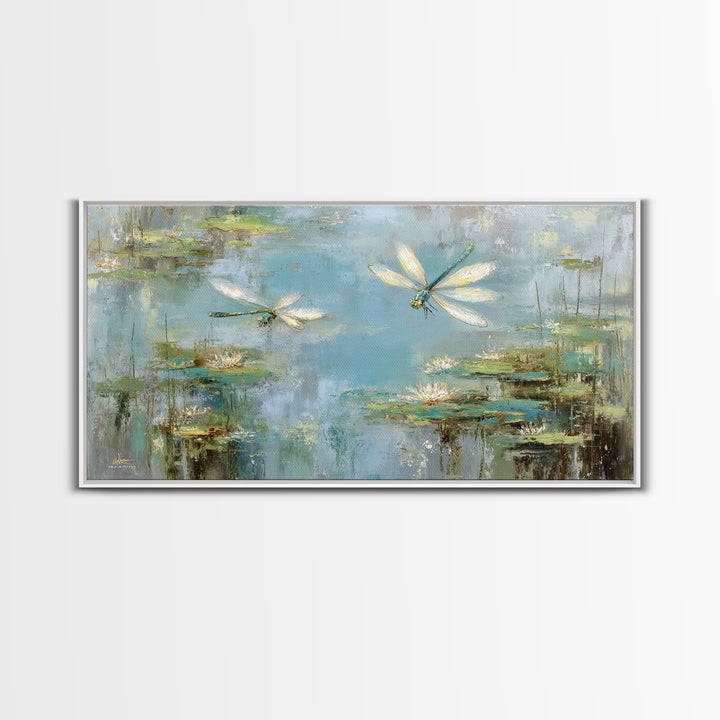 Delicate Dragonfly Above a Pond Surface Framed Canvas Print, Bathroom Art, Dog Portrait, Bathroom Decor, Oil Painting, Spa, BAT-2x1-92