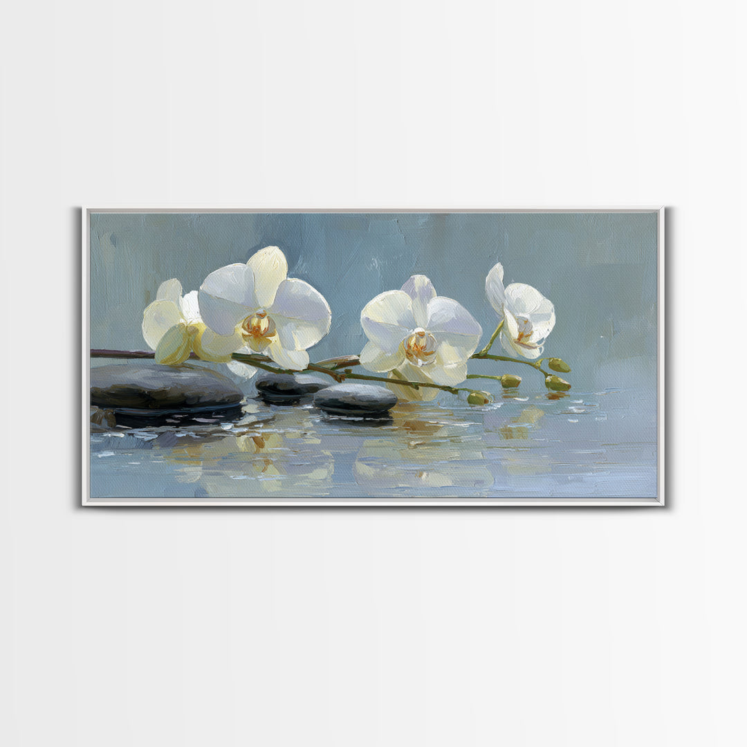 White Orchid on Warm Stone Background Framed Canvas Print, Bathroom Art, Modern Wall Art, Bathroom Decor, Oil Painting, Spa, BAT-2x1-96