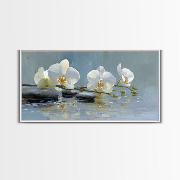 White Orchid on Warm Stone Background Framed Canvas Print, Bathroom Art, Modern Wall Art, Bathroom Decor, Oil Painting, Spa, BAT-2x1-96