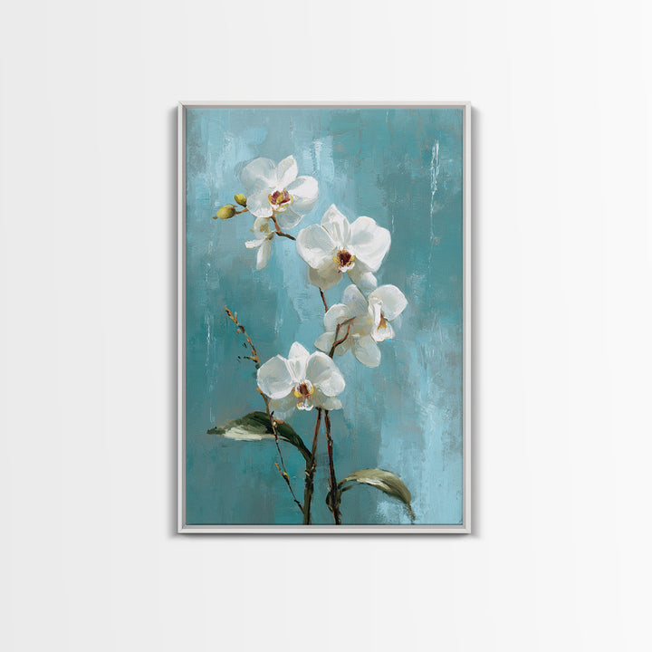 White Orchid on Warm Stone Background Framed Canvas Print, Bathroom Art, Fine Art Print, Bathroom Decor, Oil Painting, Spa, BAT-2x3-12