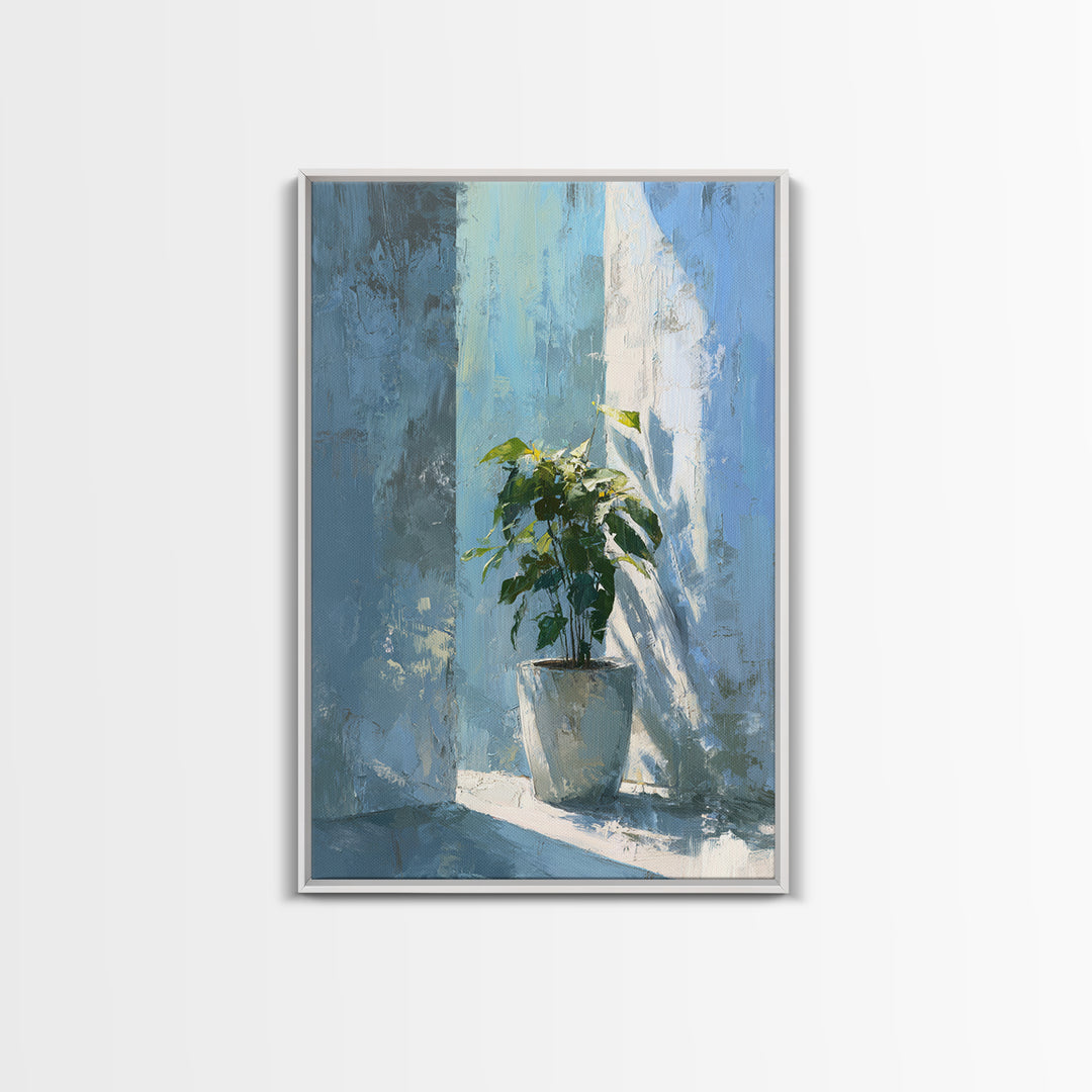 Sunlit Window Plant Shadow on Plaster Framed Canvas Print, Bathroom Art, Gallery Decor, Bathroom Decor, Abstract Art, Spa, BAT-2x3-2