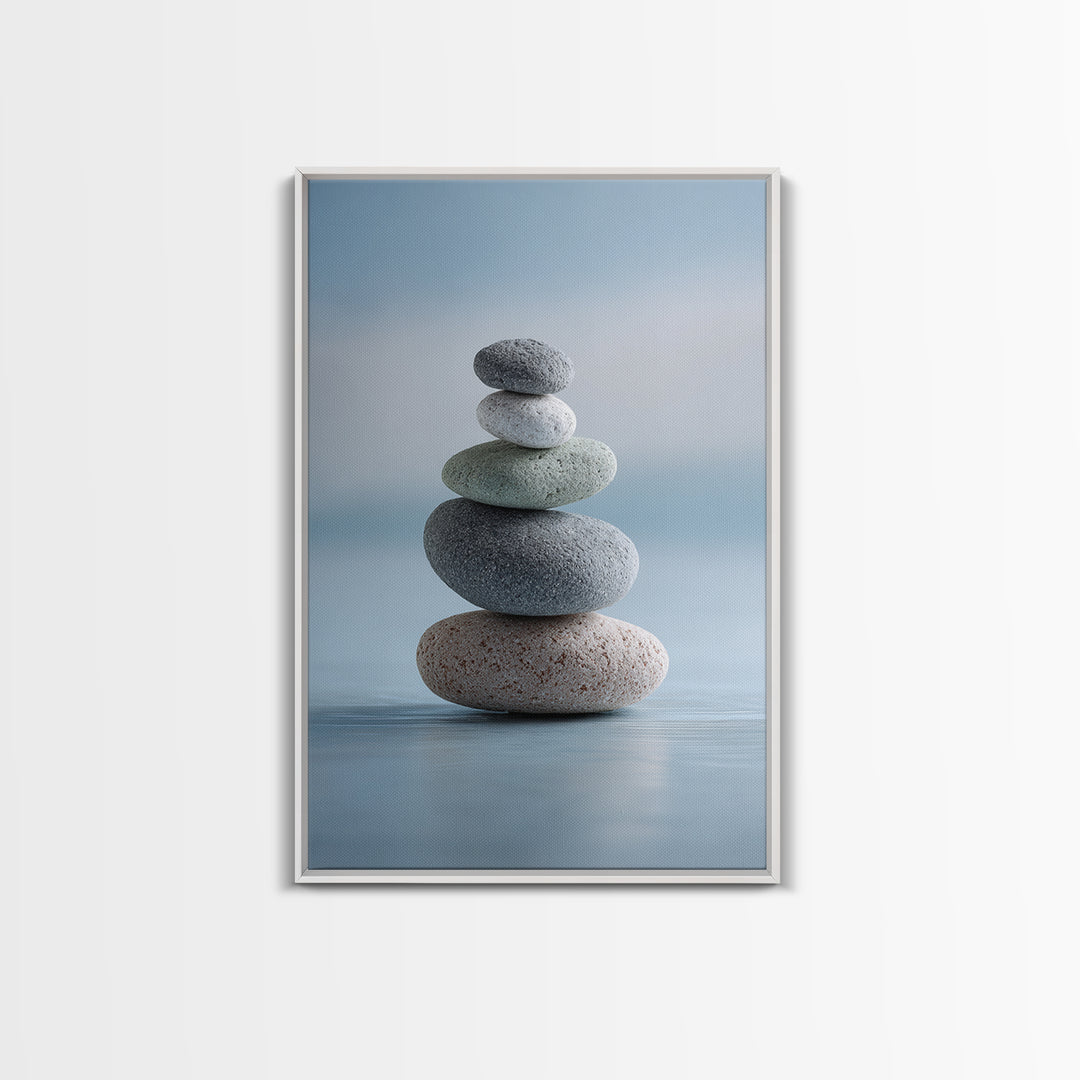 Monochrome Pebble Stack Framed Canvas Print, Bathroom Art, Boho Decor, Bathroom Decor, Oil Painting, Spa, Printable, BAT-2x3-21