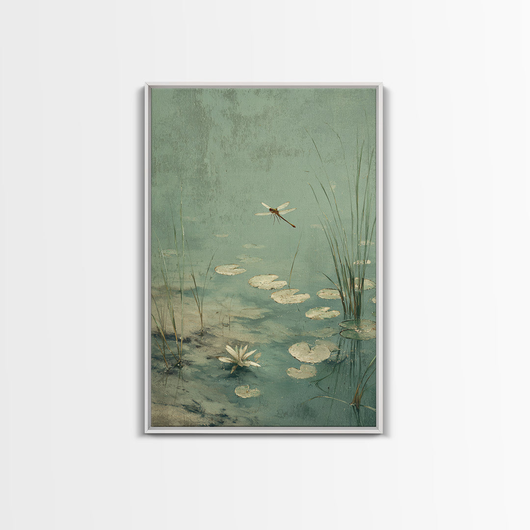 Delicate Dragonfly Above a Pond Surface Canvas Print, Bathroom Art, Bathroom Wall Decor, Bathroom Decor, Fine Art, Spa, BAT-2x3-32