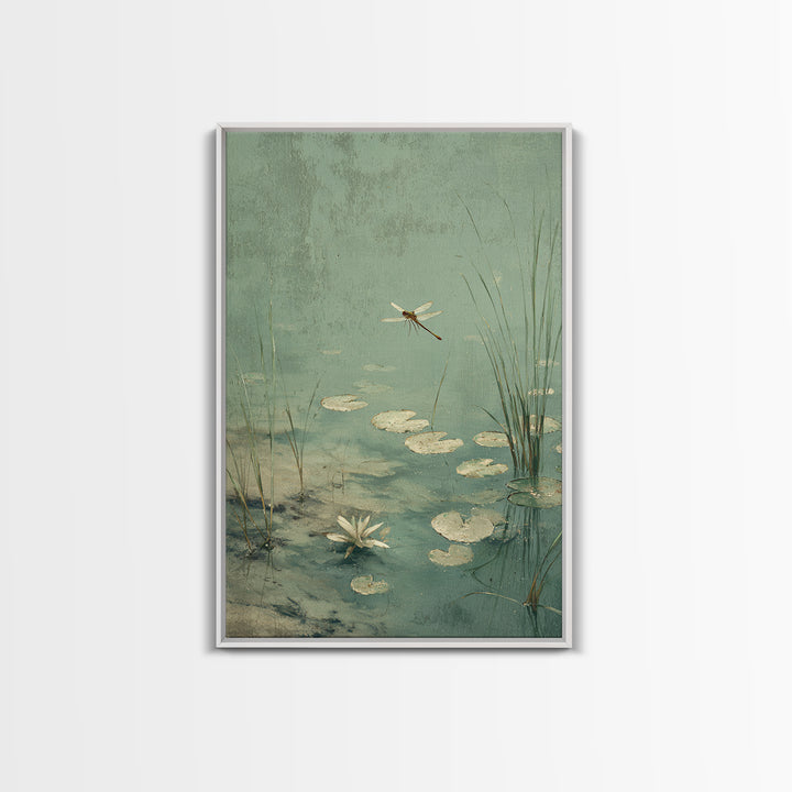Delicate Dragonfly Above a Pond Surface Canvas Print, Bathroom Art, Bathroom Wall Decor, Bathroom Decor, Fine Art, Spa, BAT-2x3-32
