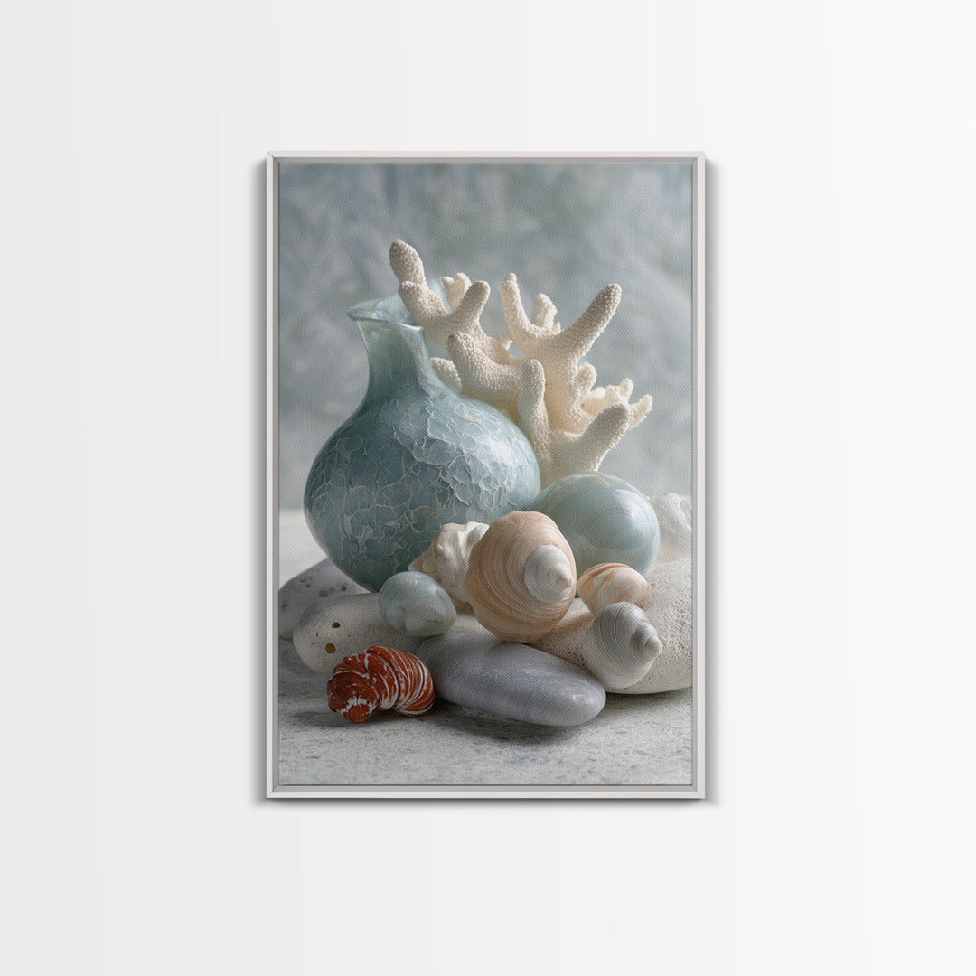 Coral and Shell Arrangement Framed Canvas Print, Bathroom Art, Neutral Decor, Bathroom Decor, Fine Art, Spa, Wall Art, BAT-2x3-43