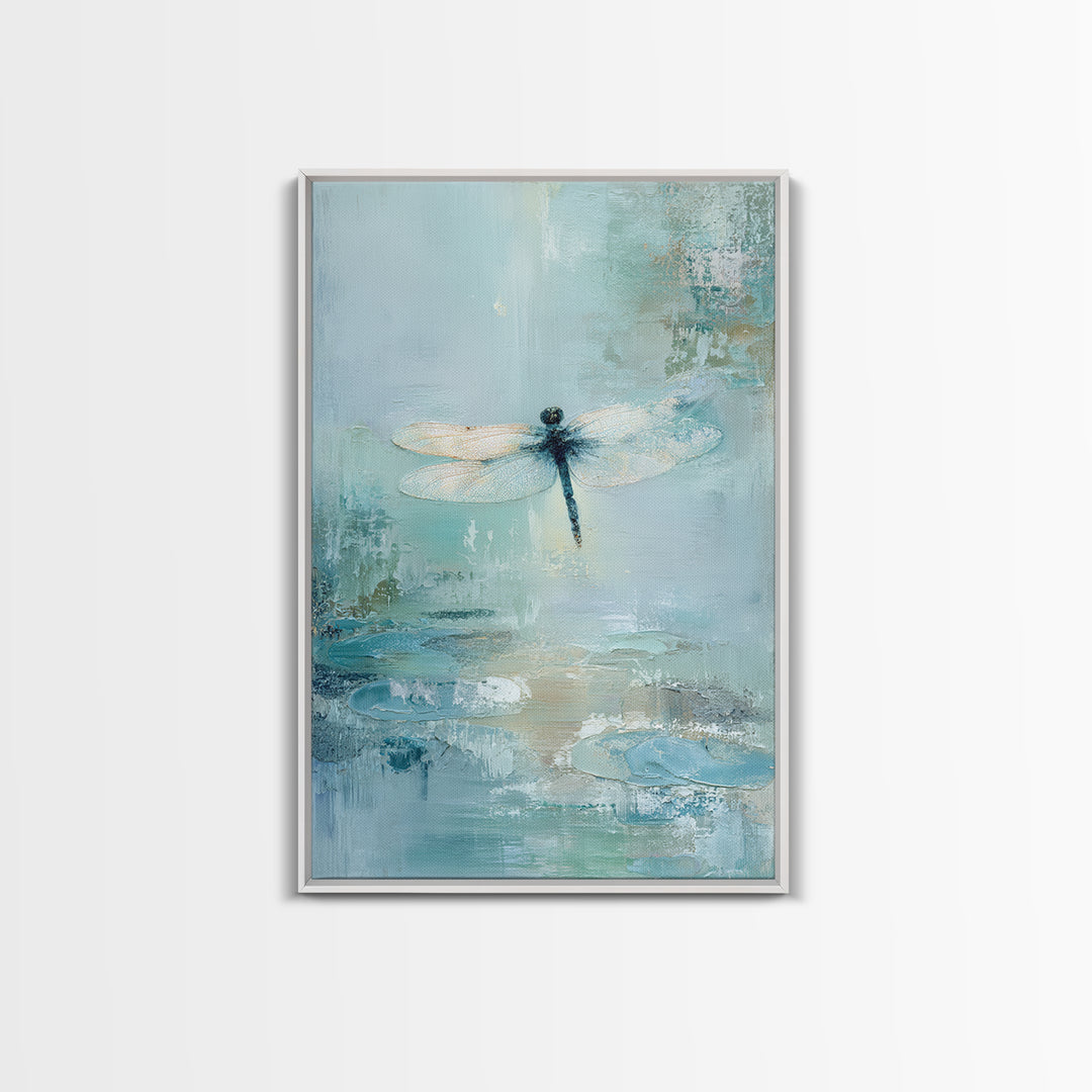 Delicate Dragonfly Above a Pond Surface Framed Canvas Print, Bathroom Art, Modern Art, Bathroom Decor, Fine Art, Spa, BAT-2x3-56
