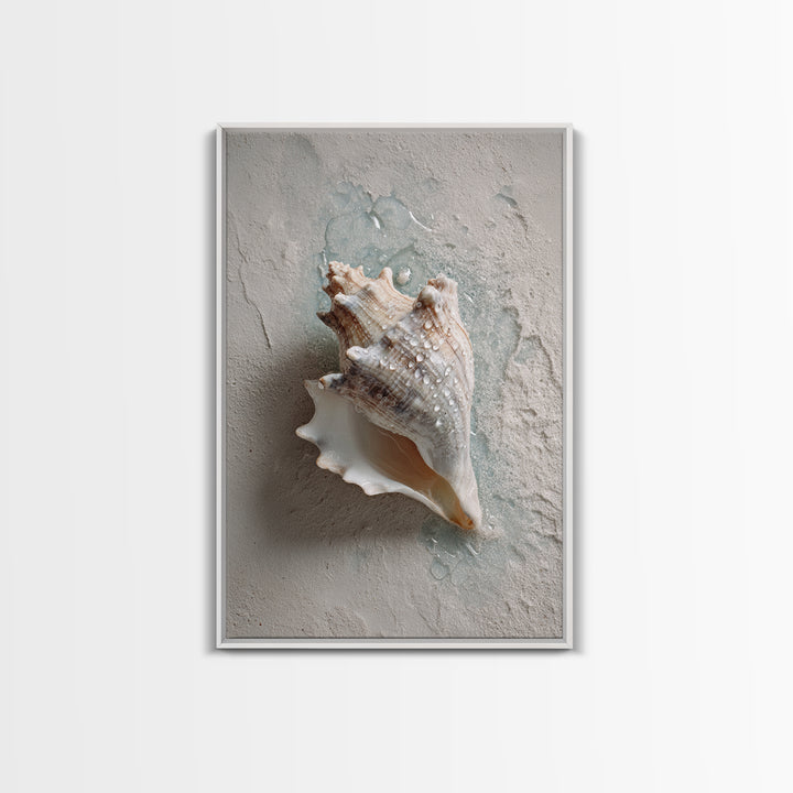 Minimal Seashell Still Life on Pale Sand Framed Canvas Print, Bathroom Art, Boho Decor, Bathroom Decor, Oil Painting, Spa, BAT-2x3-59