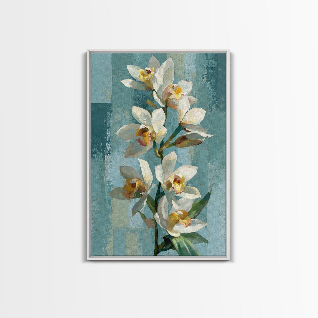 White Orchid on Warm Stone Background Framed Canvas Print, Bathroom Art, Statement Artwork, Bathroom Decor, Fine Art, Spa, BAT-2x3-60