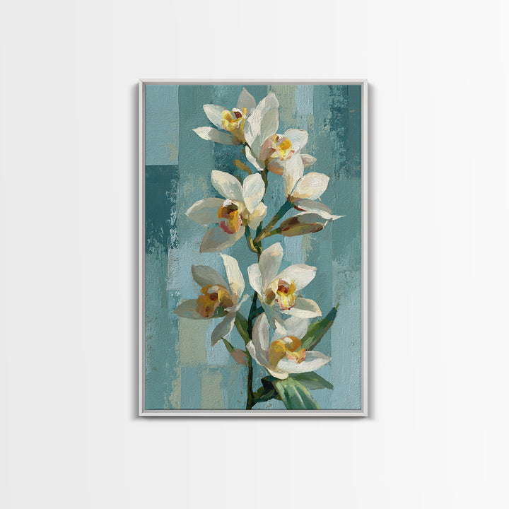 White Orchid on Warm Stone Background Framed Canvas Print, Bathroom Art, Statement Artwork, Bathroom Decor, Fine Art, Spa, BAT-2x3-60