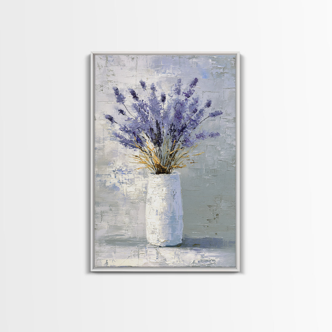 Lavender Sprigs in a Ceramic Vase Framed Canvas Print, Bathroom Art, Minimalist Decor, Bathroom Decor, Fine Art, Spa, BAT-2x3-68