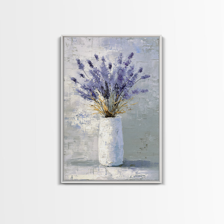 Lavender Sprigs in a Ceramic Vase Framed Canvas Print, Bathroom Art, Minimalist Decor, Bathroom Decor, Fine Art, Spa, BAT-2x3-68