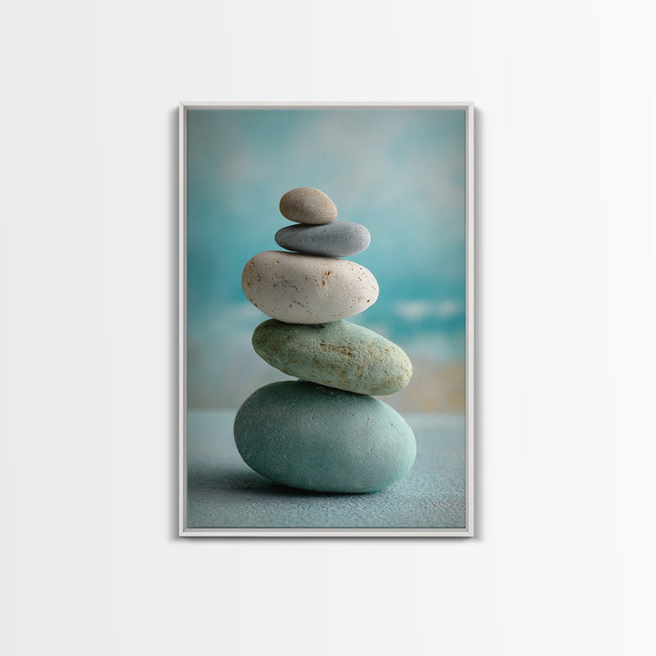 Monochrome Pebble Stack Framed Canvas Print, Bathroom Art, Digital Art, Bathroom Decor, Fine Art, Spa, Dopamine Decor, BAT-2x3-69