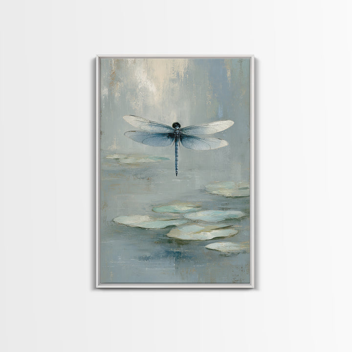 Delicate Dragonfly Above a Pond Surface Framed Canvas Print, Bathroom Art, Framed Wall Art, Bathroom Decor, Oil Painting, Spa, BAT-2x3-8