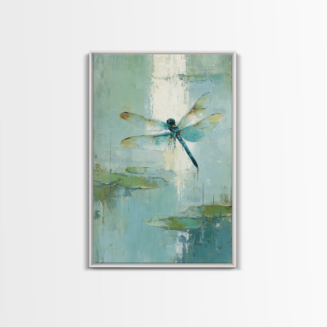 Delicate Dragonfly Above a Pond Surface Framed Canvas Print, Bathroom Art, Fine Art Print, Bathroom Decor, Fine Art, Spa, BAT-2x3-80