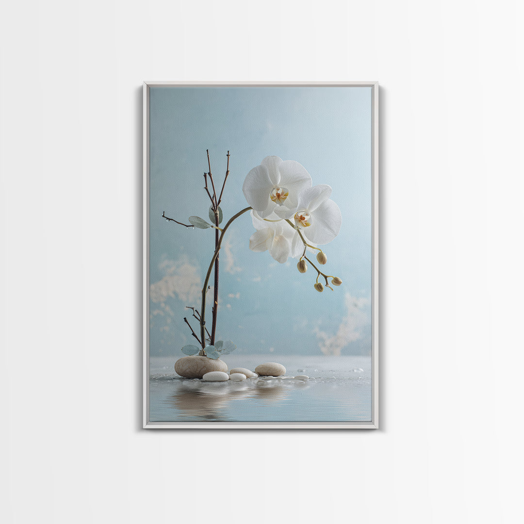 White Orchid on Warm Stone Background Framed Canvas Print, Bathroom Art, Canvas Wall Art, Bathroom Decor, Fine Art, Spa, BAT-2x3-84