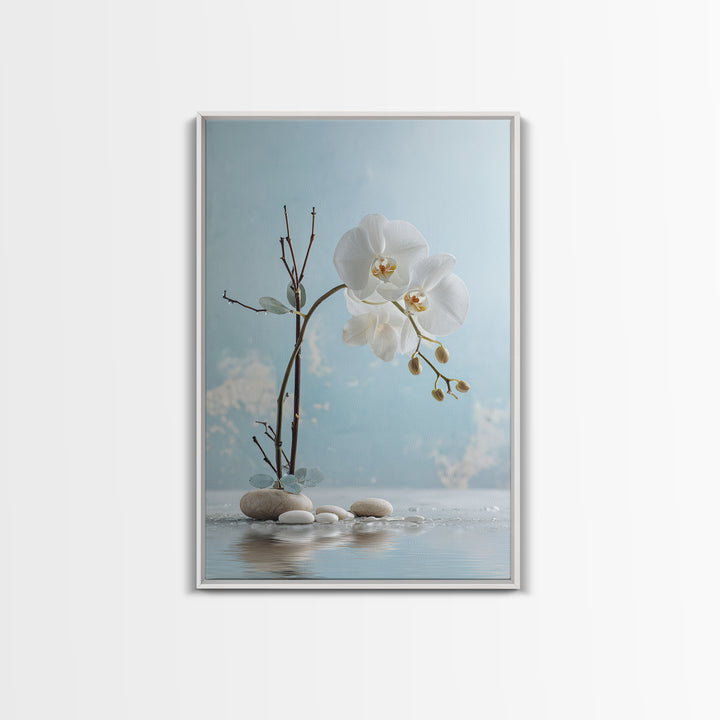 White Orchid on Warm Stone Background Framed Canvas Print, Bathroom Art, Canvas Wall Art, Bathroom Decor, Fine Art, Spa, BAT-2x3-84