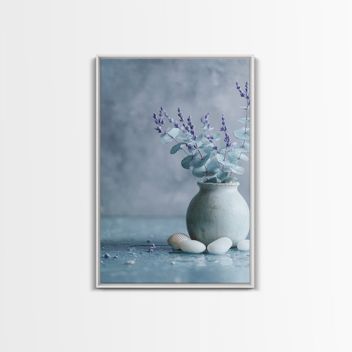 Lavender Sprigs in a Ceramic Vase Framed Canvas Print, Bathroom Art, Retro Wall Art, Bathroom Decor, Abstract Art, Spa, BAT-2x3-92