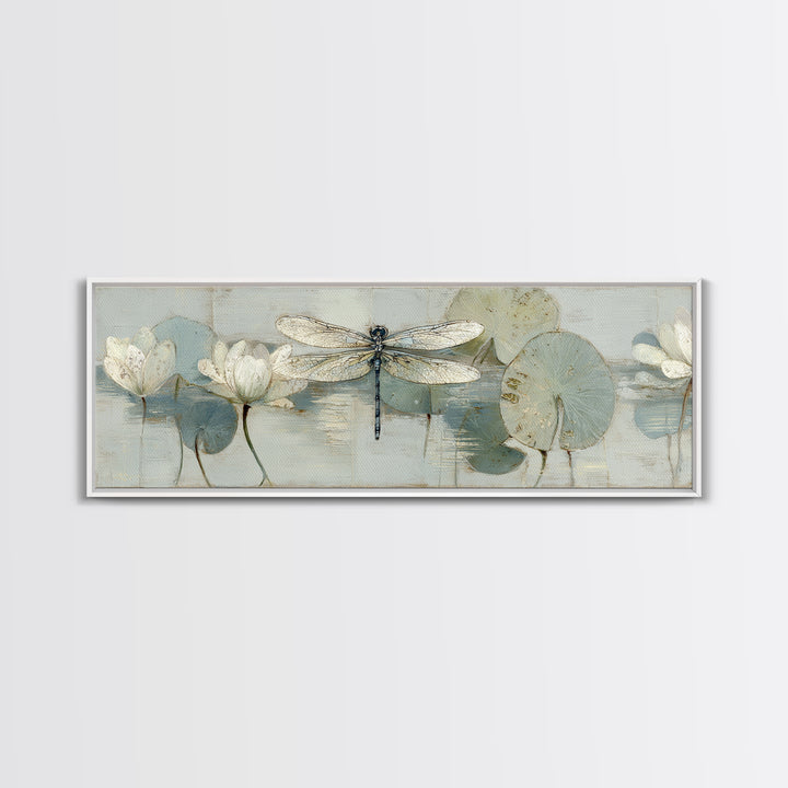 Delicate Dragonfly Above a Pond Surface Canvas Print, Bathroom Art, Unique Wall Art, Bathroom Decor, Spa, Gallery Decor, BAT-3x1-16