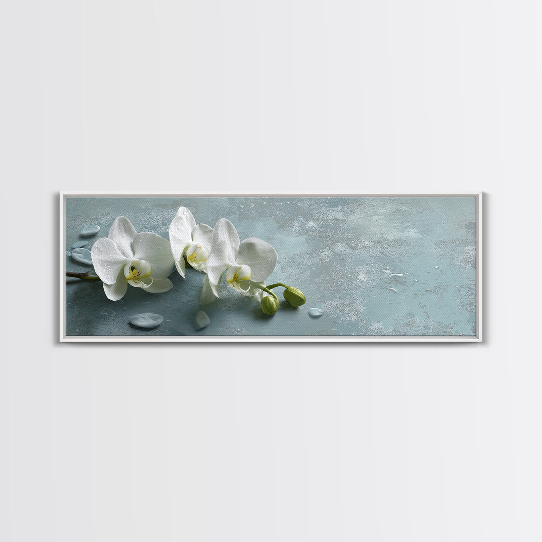 White Orchid on Warm Stone Background Framed Canvas Print, Bathroom Art, Gallery Decor, Bathroom Decor, Fine Art, Spa, BAT-3x1-44