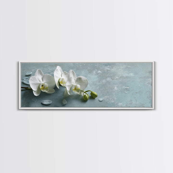 White Orchid on Warm Stone Background Framed Canvas Print, Bathroom Art, Gallery Decor, Bathroom Decor, Fine Art, Spa, BAT-3x1-44