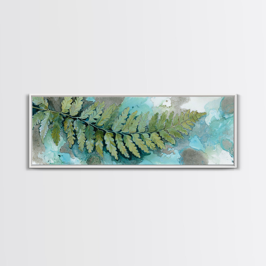 Green Fern Frond Closeup Canvas Print, Bathroom Art, Digital Wall Art, Bathroom Decor, Watercolor Art, Spa, Unique Wall Art, BAT-3x1-50
