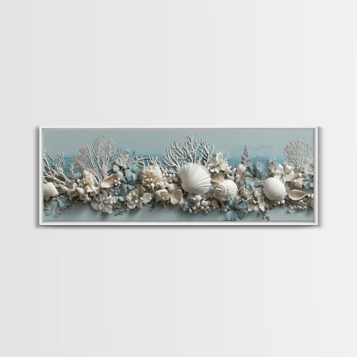 Coral and Shell Arrangement Framed Canvas Print, Bathroom Art, Wall Art, Bathroom Decor, Fine Art, Spa, Dog Portrait, BAT-3x1-51