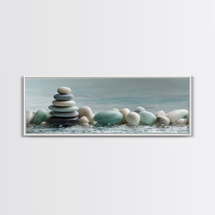 Monochrome Pebble Stack Framed Canvas Print, Bathroom Art, Canvas Wall Art, Bathroom Decor, Fine Art, Spa, Bathroom Wallpaper, BAT-3x1-53