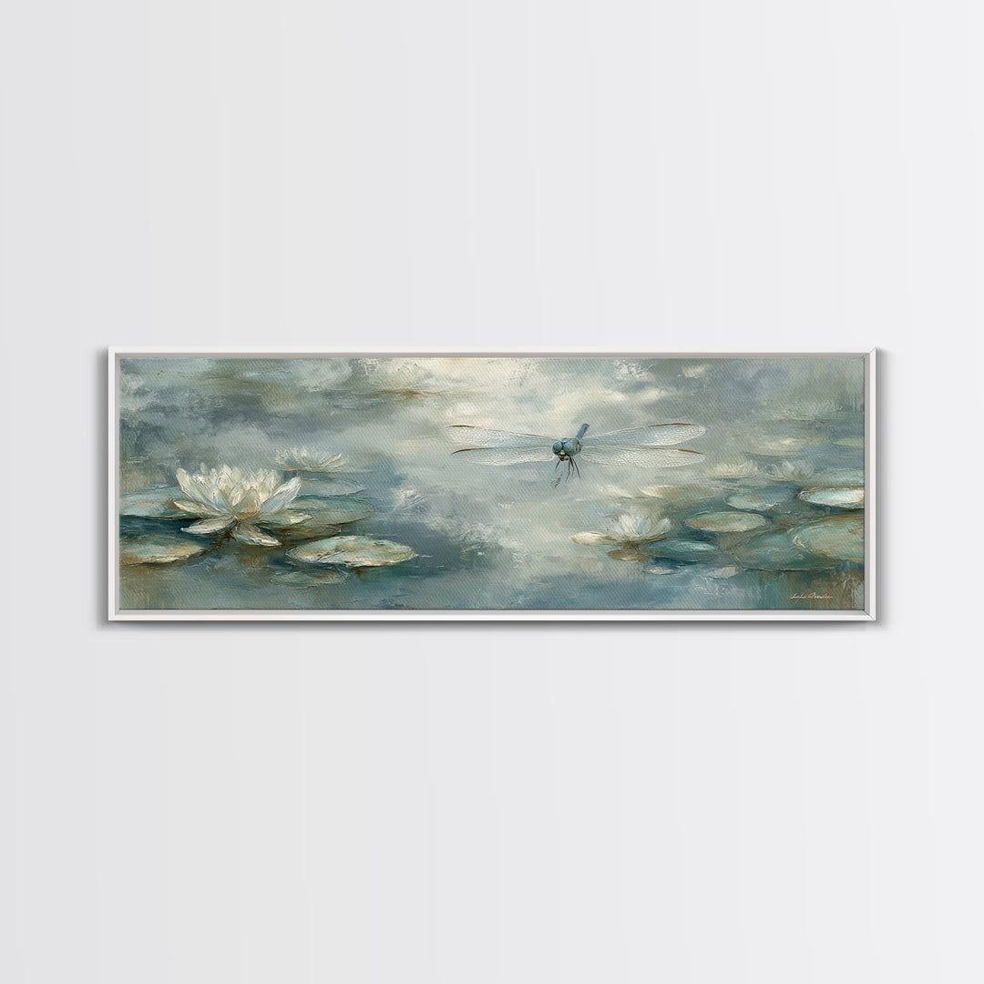 Delicate Dragonfly Above a Pond Surface Framed Canvas Print, Bathroom Art, Statement Artwork, Bathroom Decor, Fine Art, Spa, BAT-3x1-64