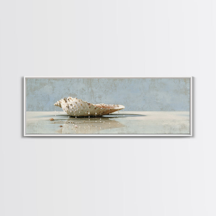 Minimal Seashell Still Life on Pale Sand Framed Canvas Print, Bathroom Art, Printable, Bathroom Decor, Abstract Art, Spa, BAT-3x1-67