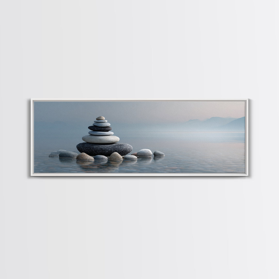 Monochrome Pebble Stack Framed Canvas Print, Bathroom Art, Canvas Wall Art, Bathroom Decor, Fine Art, Spa, Bathroom Wallpaper, BAT-3x1-77