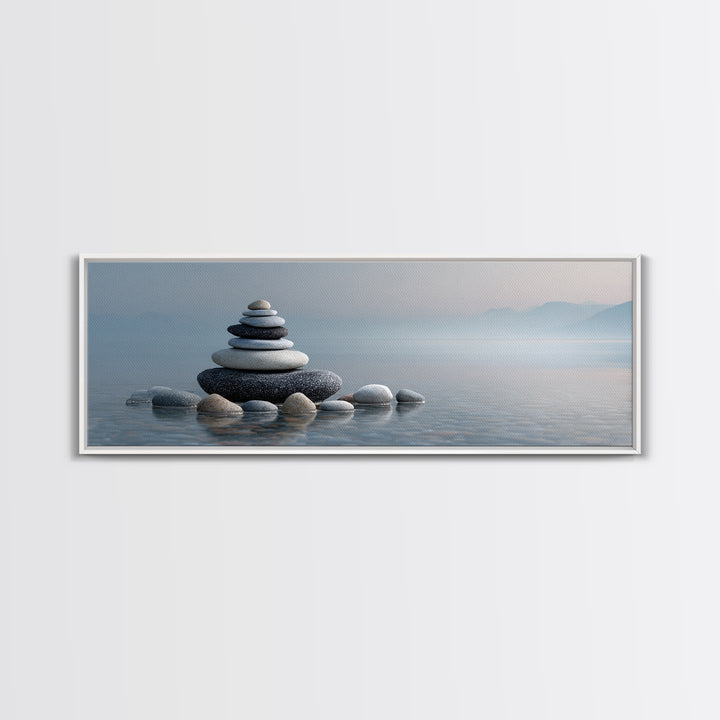 Monochrome Pebble Stack Framed Canvas Print, Bathroom Art, Canvas Wall Art, Bathroom Decor, Fine Art, Spa, Bathroom Wallpaper, BAT-3x1-77