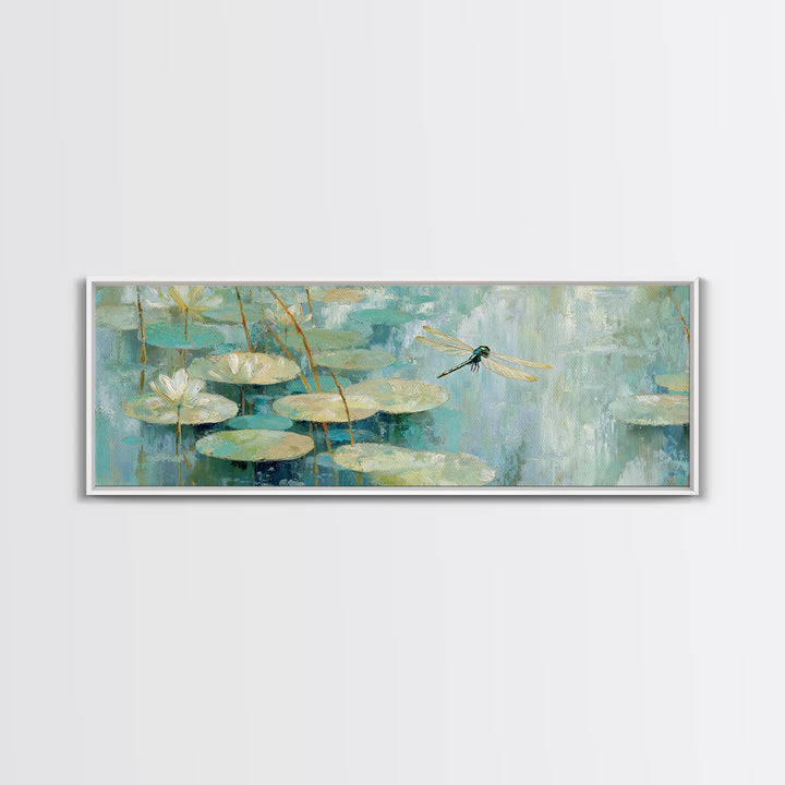 Delicate Dragonfly Above a Pond Surface Canvas Print, Bathroom Art, Textured Painting, Bathroom Decor, Oil Painting, Spa, BAT-3x1-88