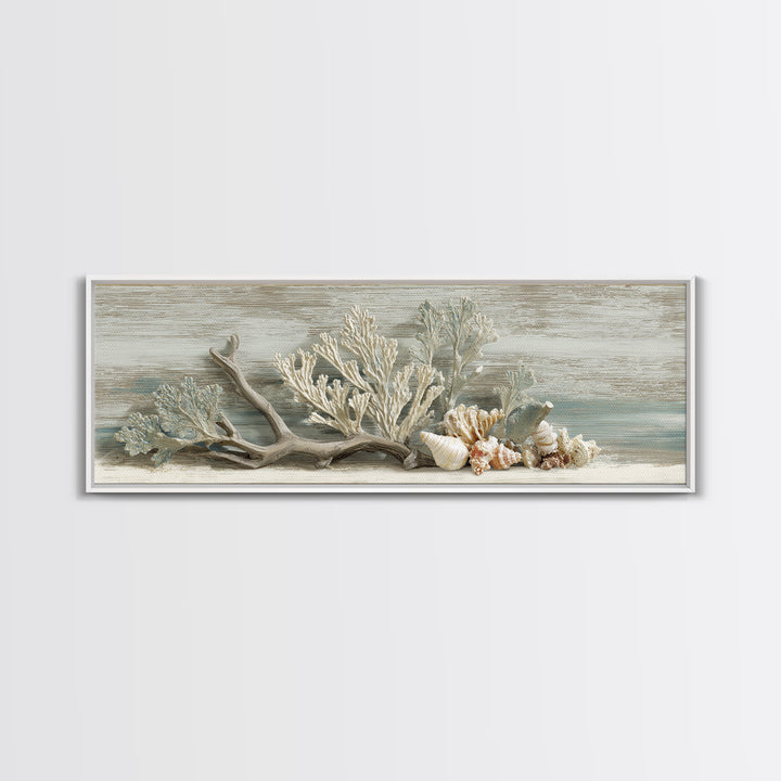 Coral and Shell Arrangement Framed Canvas Print, Bathroom Art, Wall Decor, Bathroom Decor, Fine Art, Spa, Contemporary Art, BAT-3x1-99