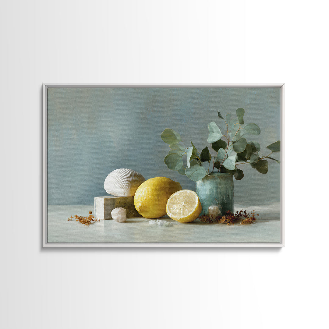 Lemon and Botanical Still Life Framed Canvas Print, Bathroom Art, Digital Wall Art, Bathroom Decor, Oil Painting, Spa, BAT-3x2-10
